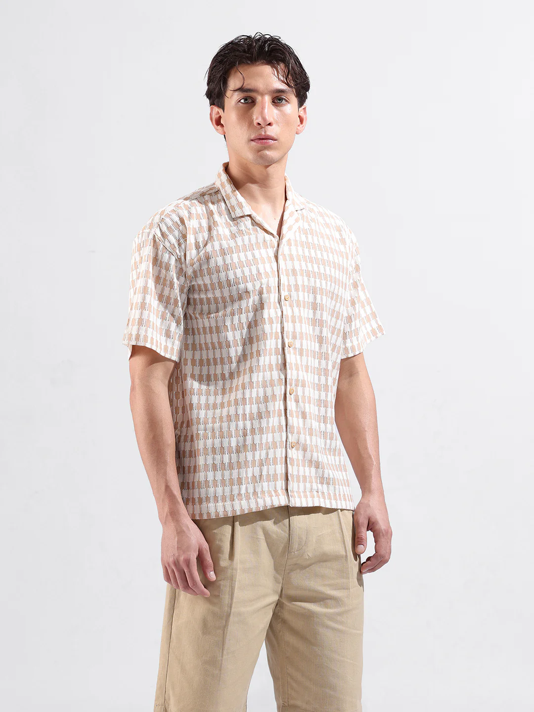 Men's Beige Relaxed Fit Solid Resort Wear Shirt - Image 3