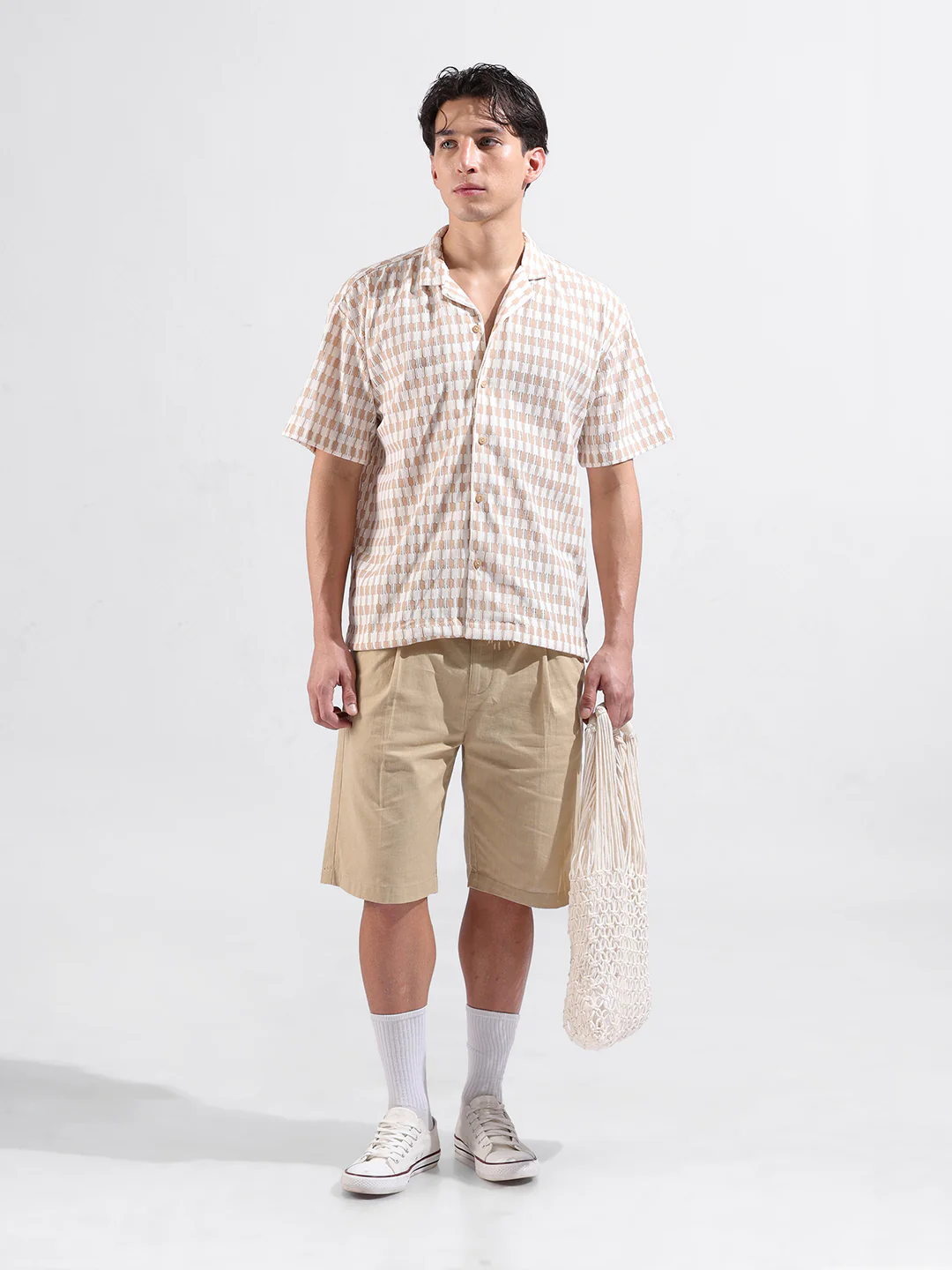 Men's Beige Relaxed Fit Solid Resort Wear Shirt - Image 6