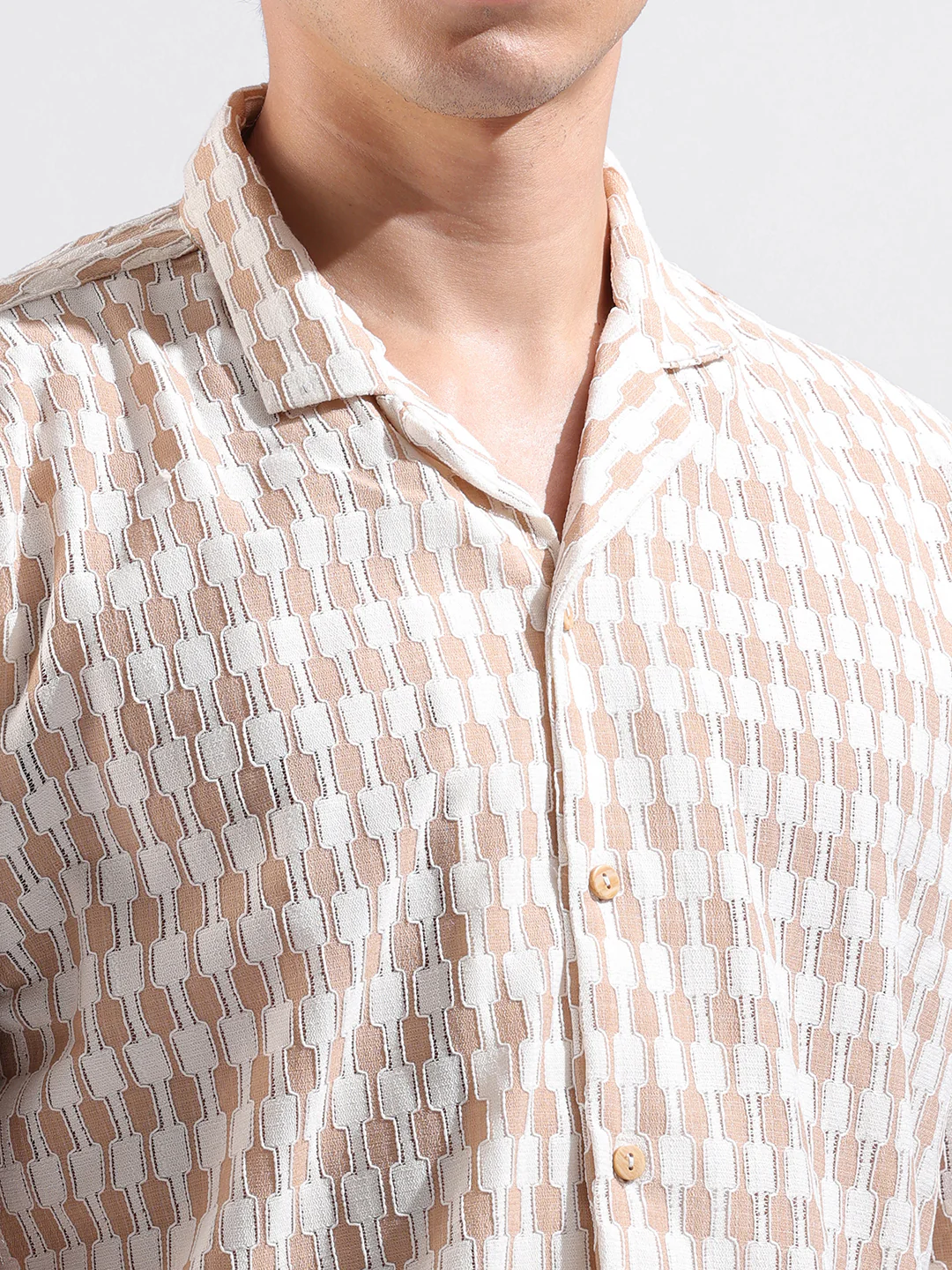 Men's Beige Relaxed Fit Solid Resort Wear Shirt - Image 7