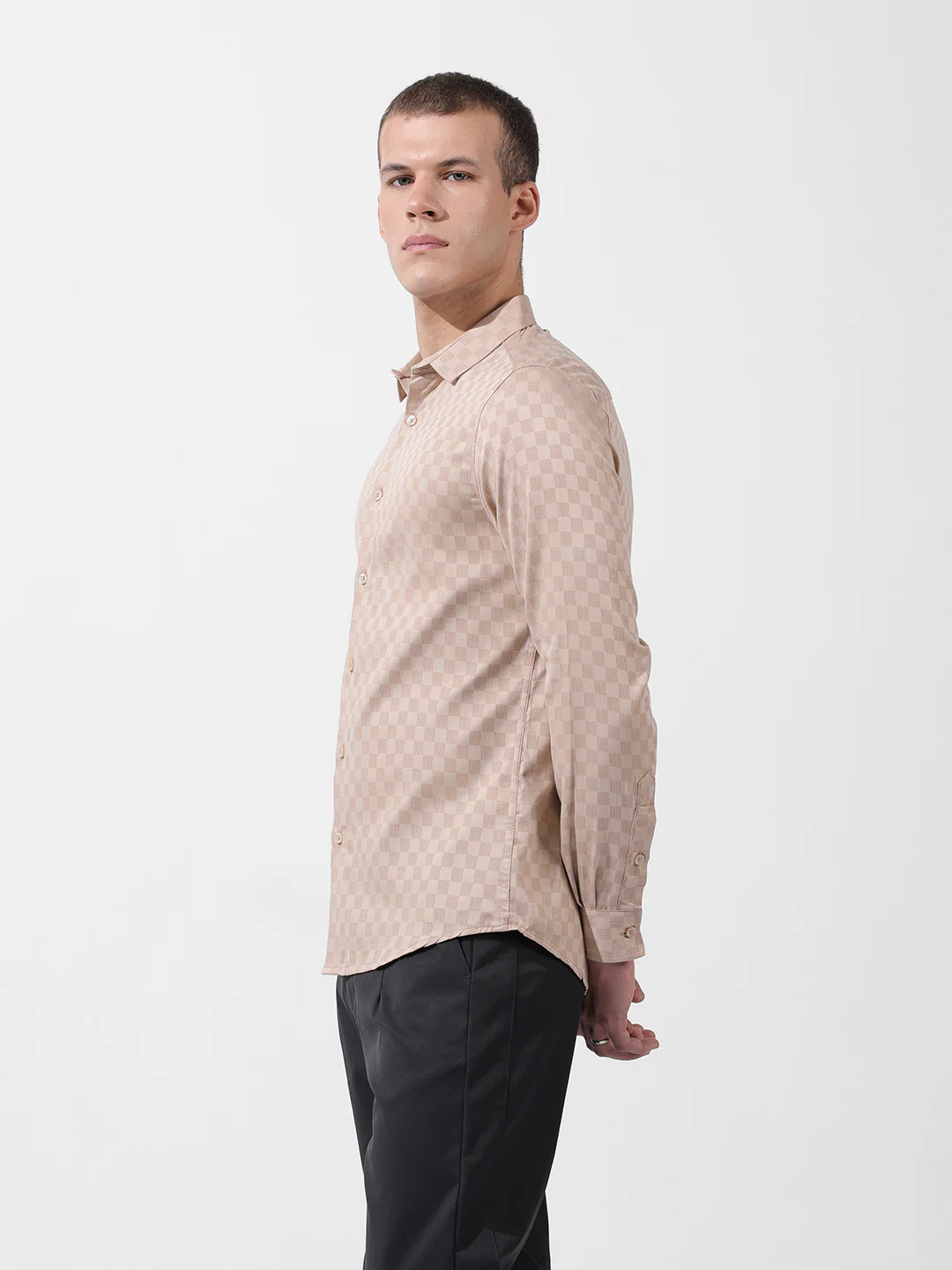 Men's Beige Slim Fit Textured Party Wear Shirt - Image 2