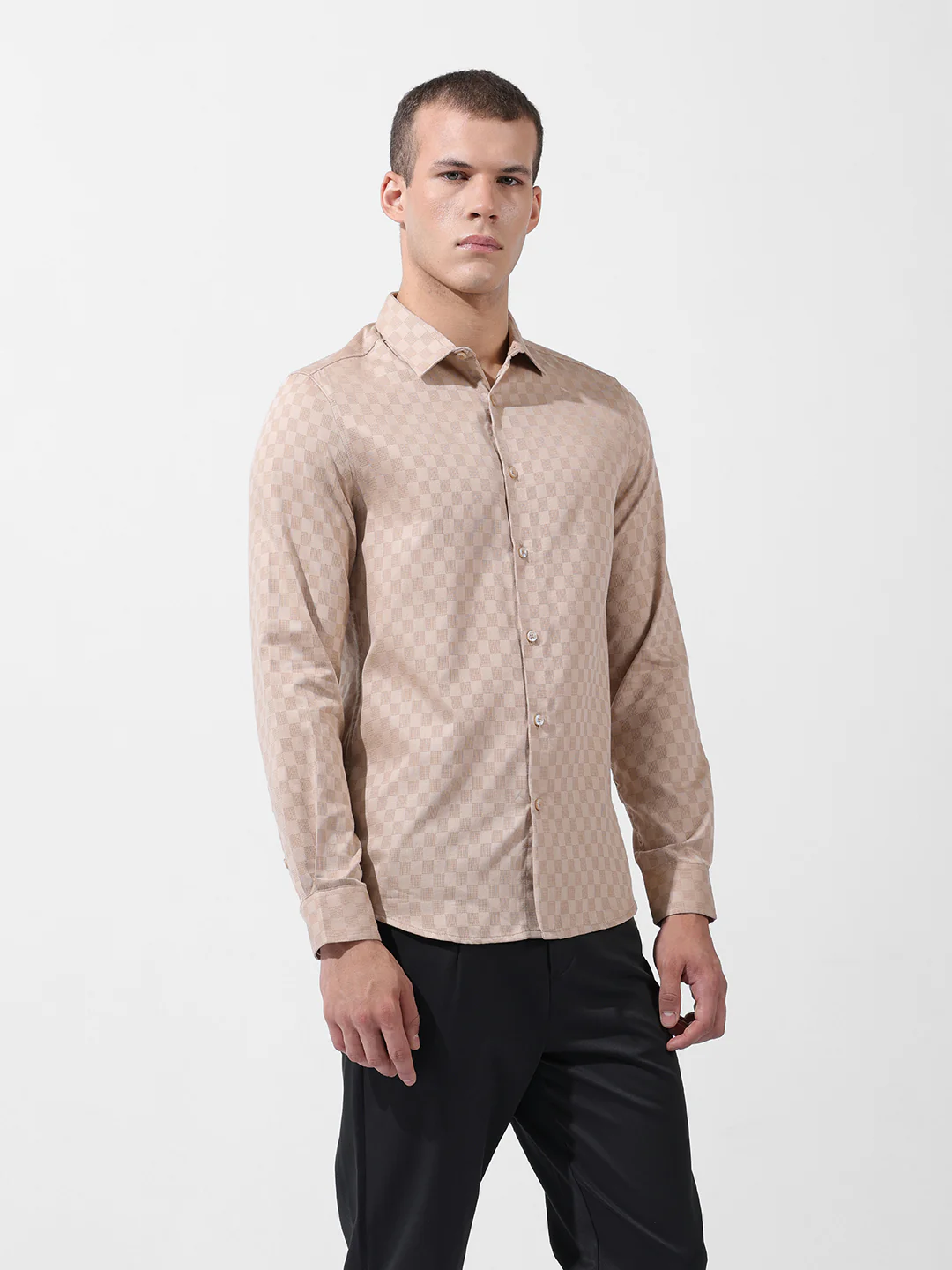 Men's Beige Slim Fit Textured Party Wear Shirt - Image 4