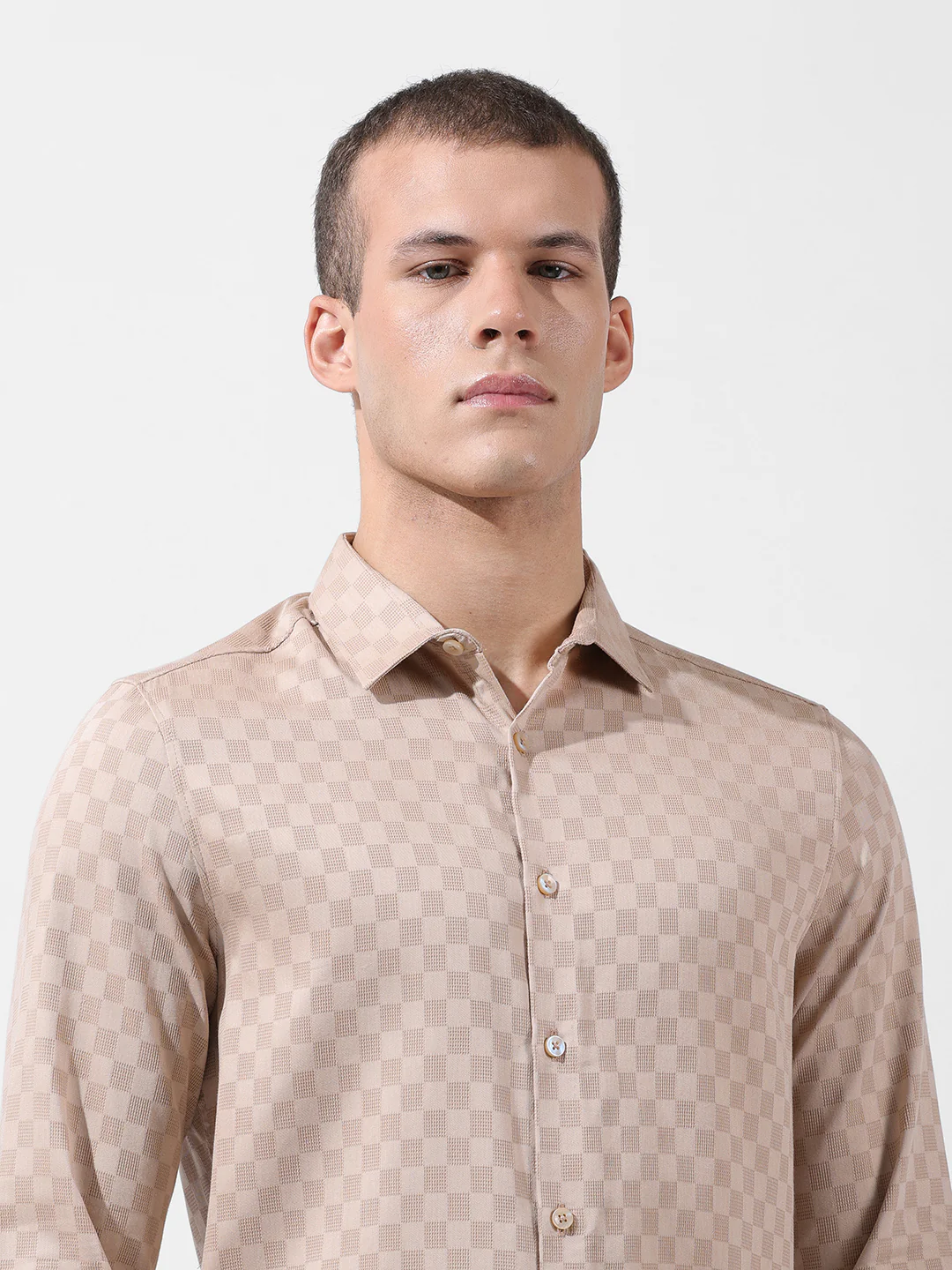 Men's Beige Slim Fit Textured Party Wear Shirt - Image 6