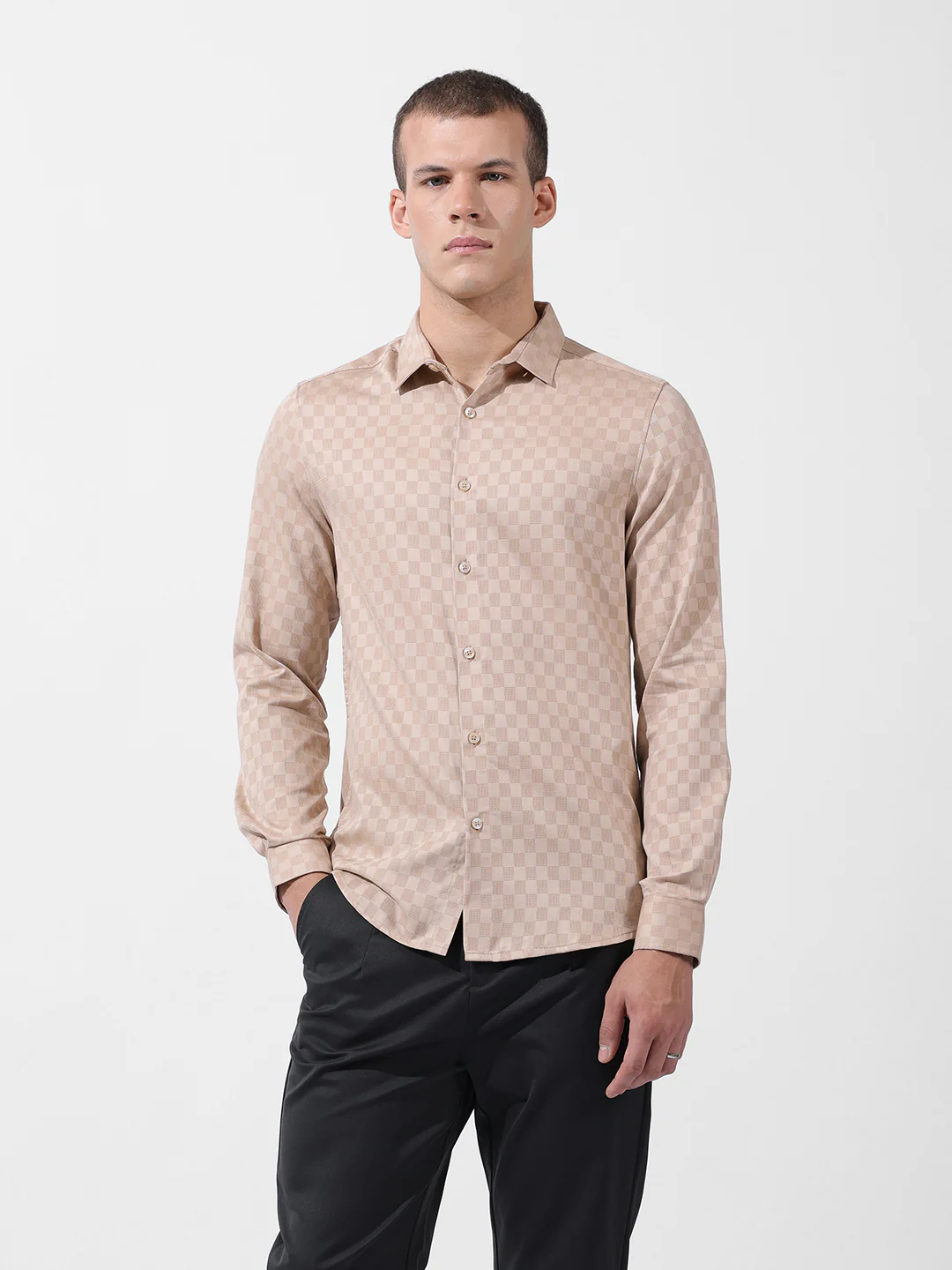 Men's Beige Slim Fit Textured Party Wear Shirt - Image 7