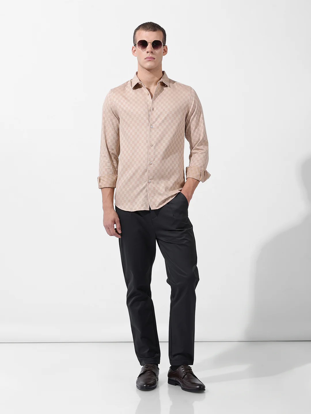 Men's Beige Slim Fit Textured Party Wear Shirt - Image 8