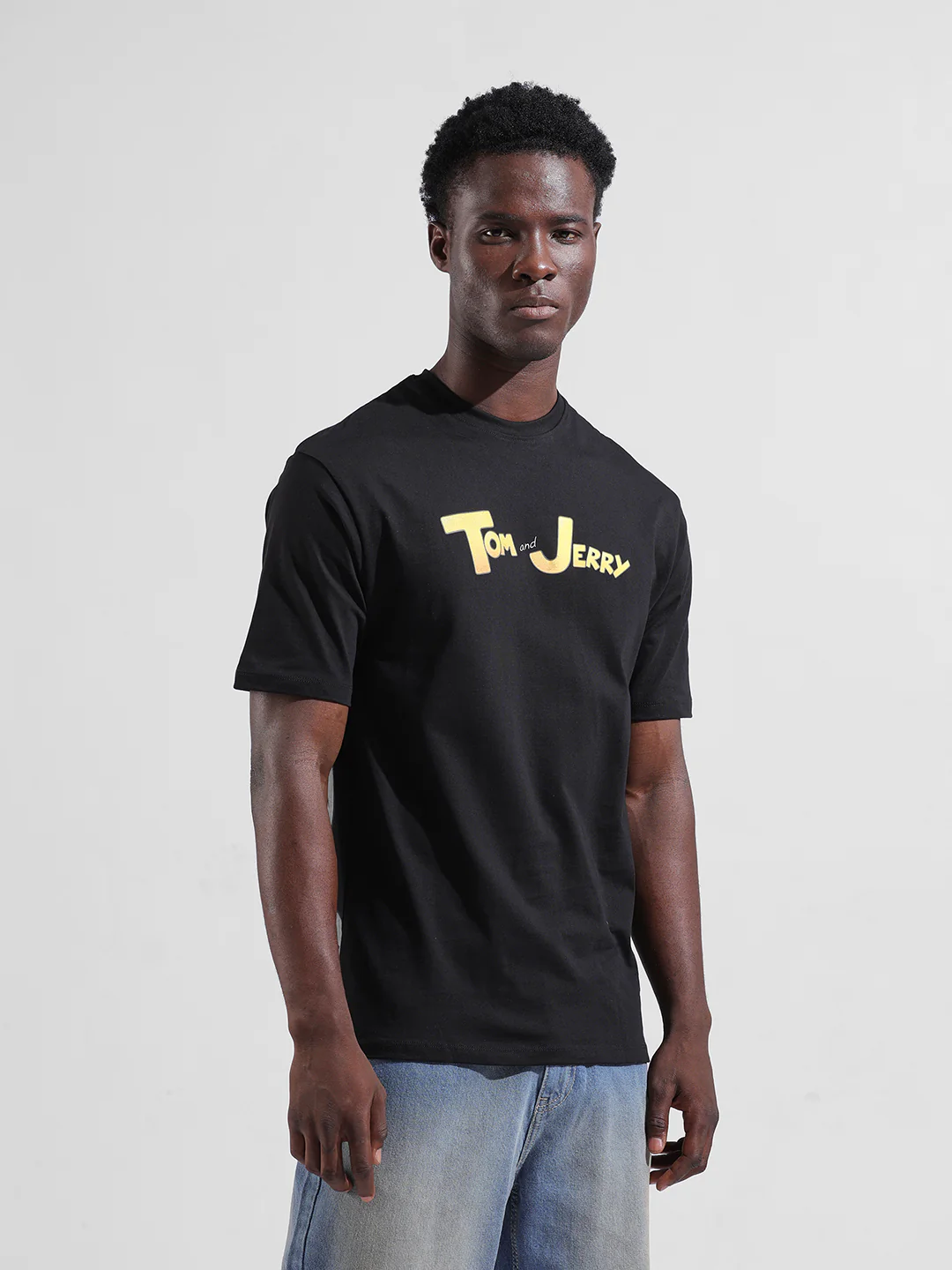Men's Black Boxy Fit Character Tom & Jerry Printed Crew Neck T-Shirt - Image 4