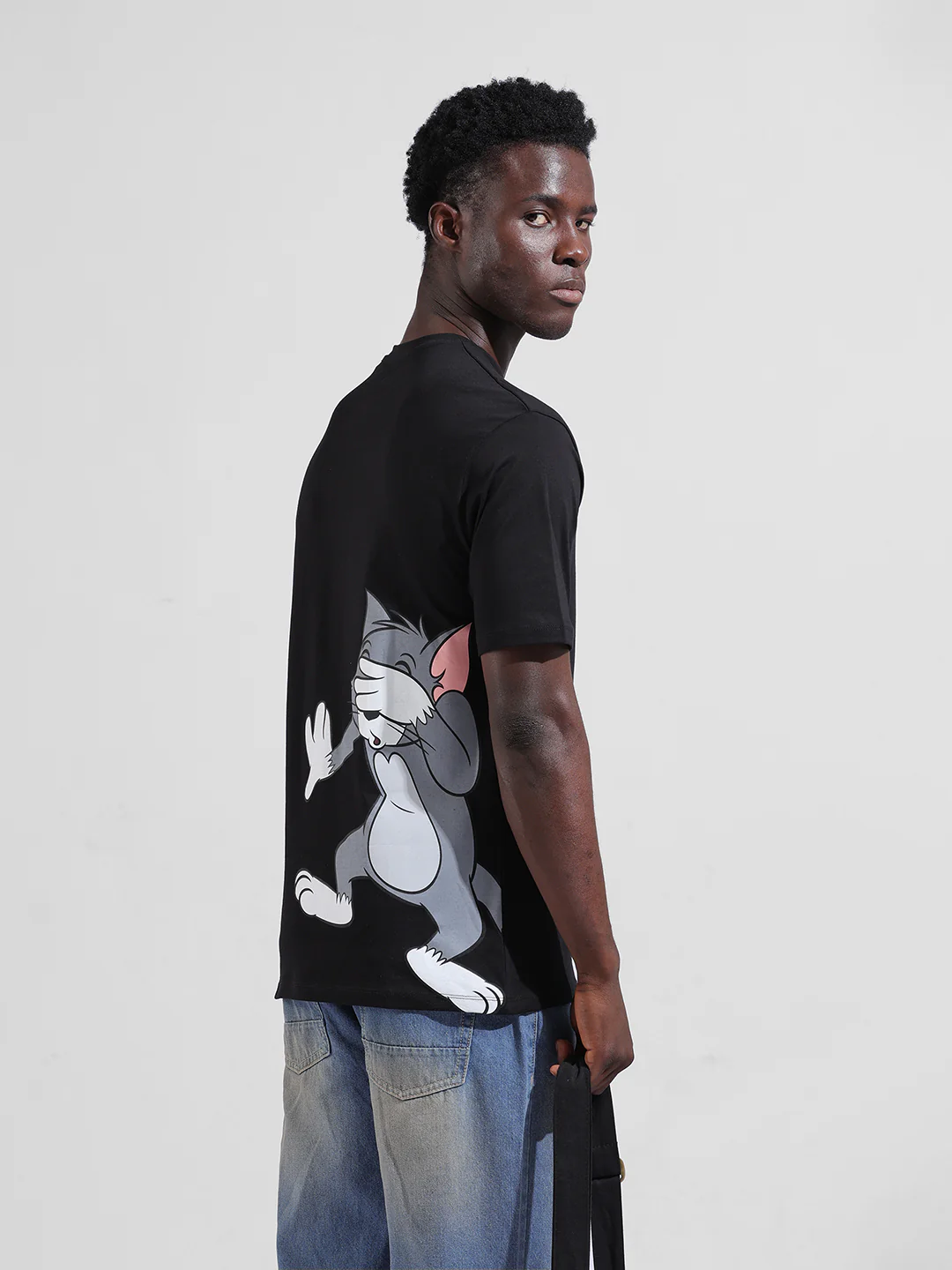 Men's Black Boxy Fit Character Tom & Jerry Printed Crew Neck T-Shirt - Image 7