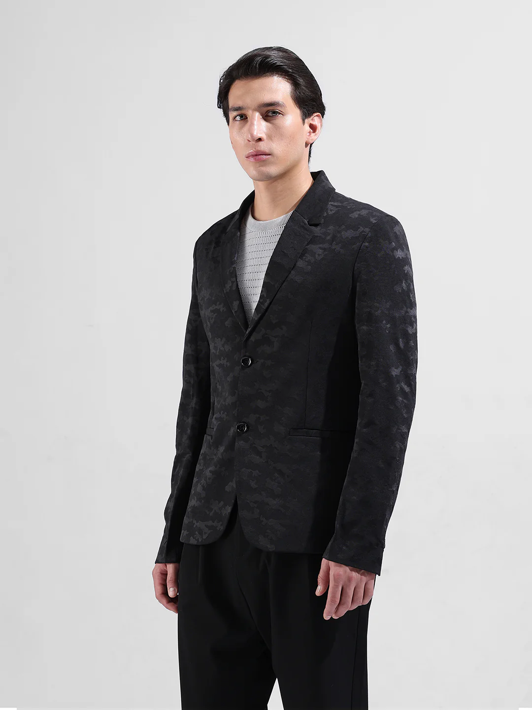Men's Black Regular Fit Printed Casual Blazer - Image 2