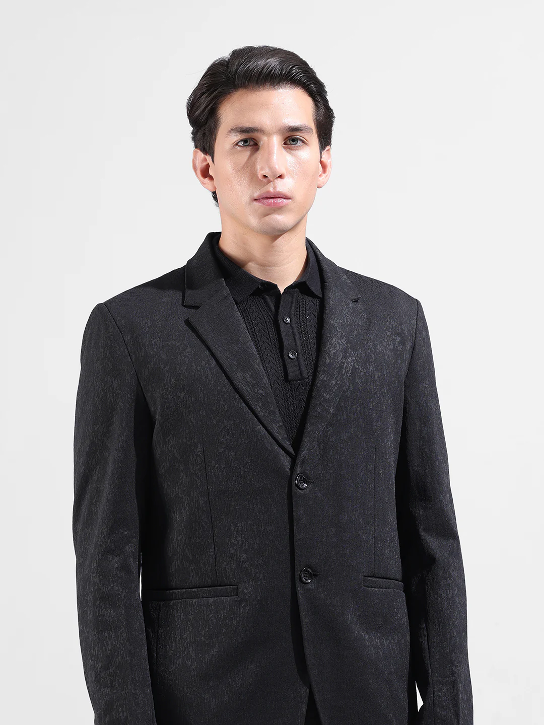 Men's Black Regular Fit Printed Casual Blazer - Image 4