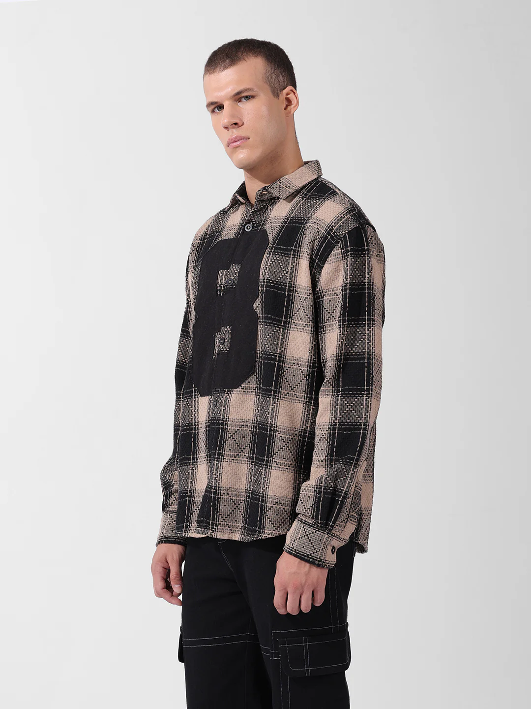 Men's Black Relaxed Fit Checkered Embroidered Shirt - Image 2