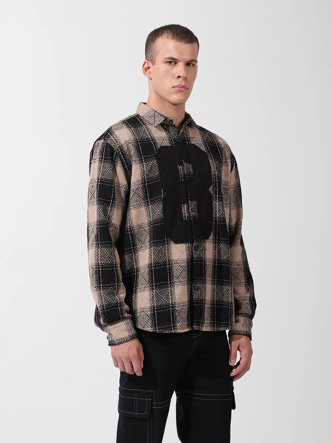 Men's Black Relaxed Fit Checkered Embroidered Shirt - Image 3