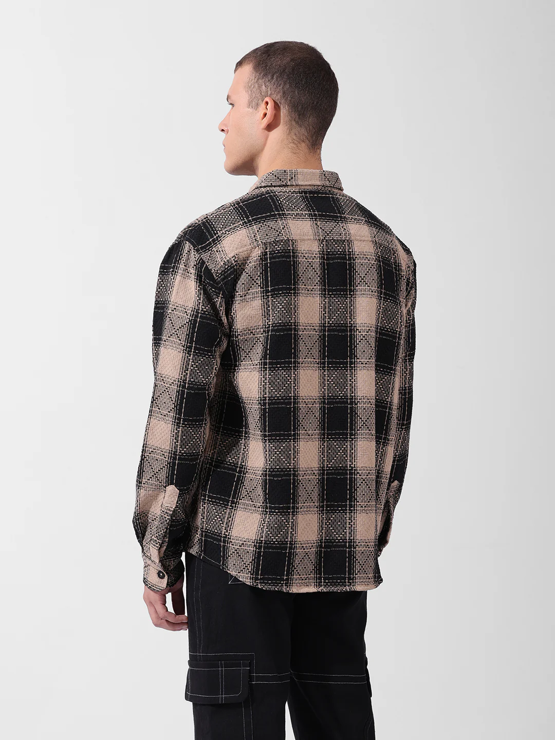 Men's Black Relaxed Fit Checkered Embroidered Shirt - Image 4