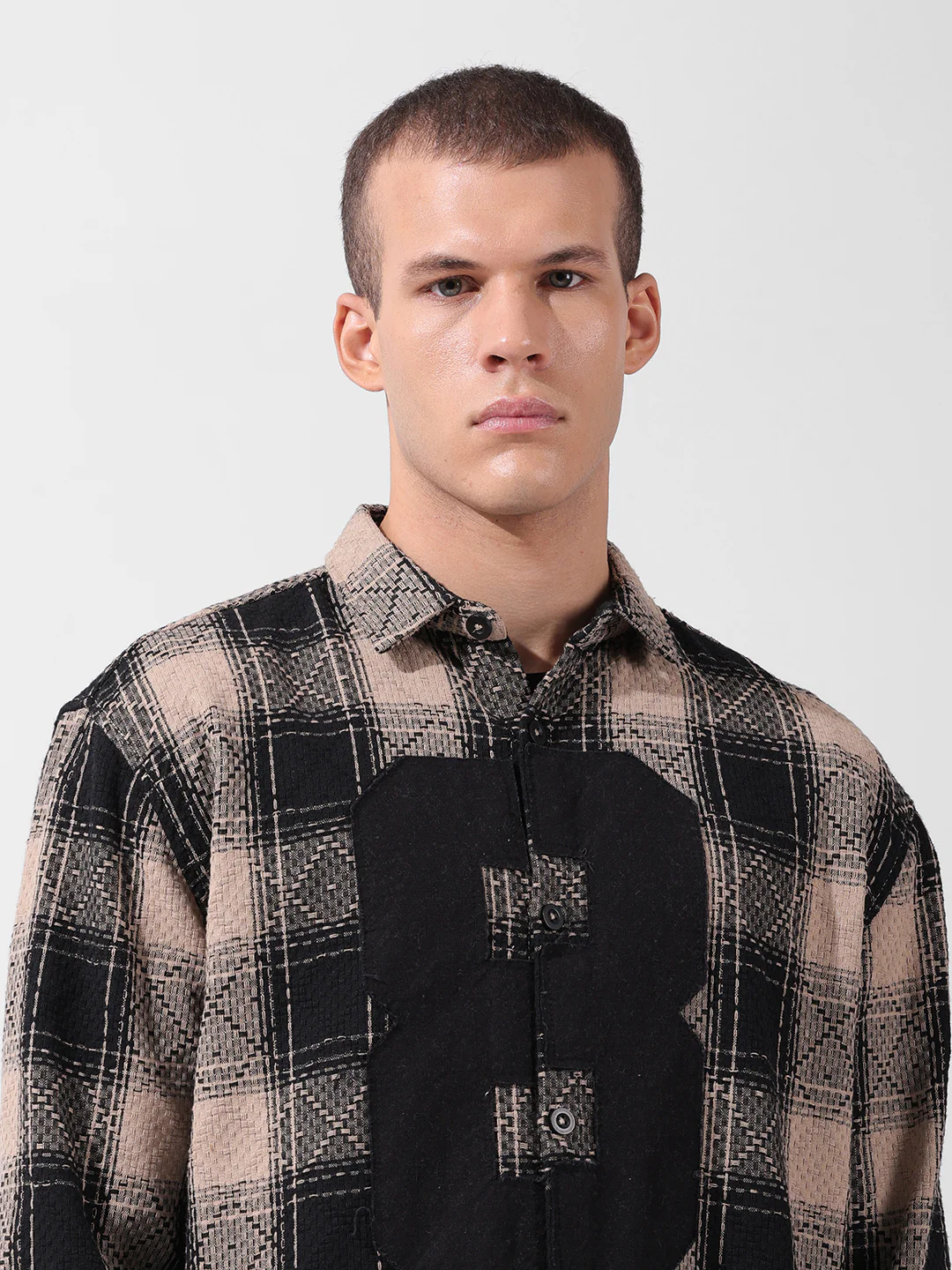 Men's Black Relaxed Fit Checkered Embroidered Shirt - Image 5