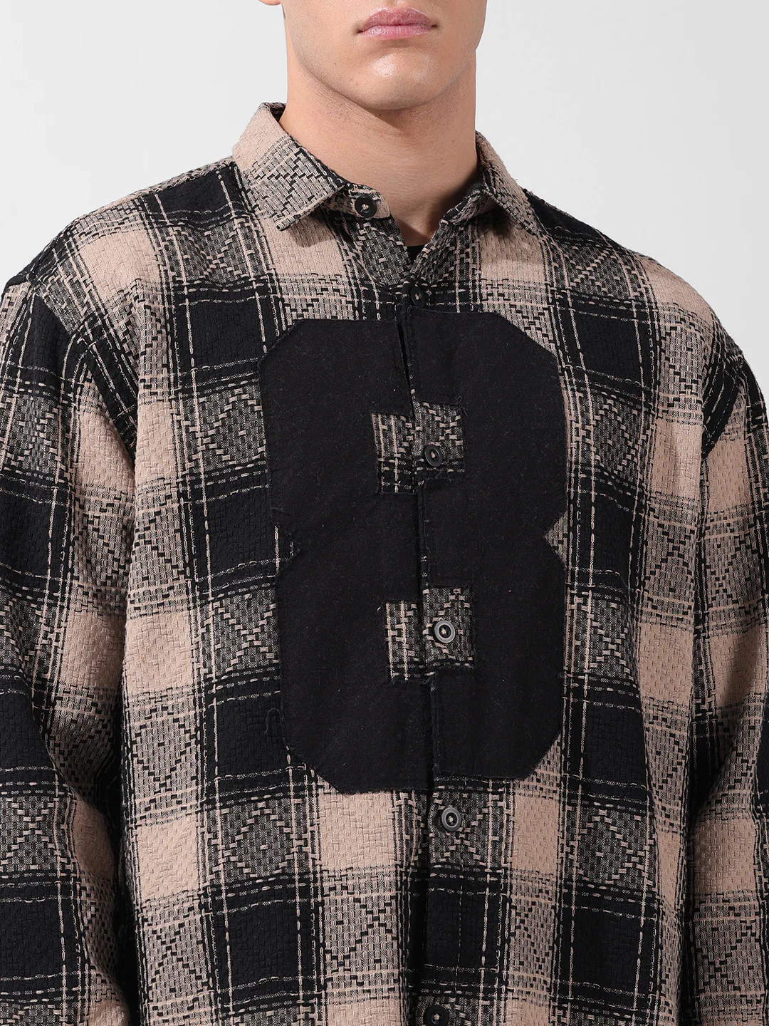 Men's Black Relaxed Fit Checkered Embroidered Shirt - Image 6