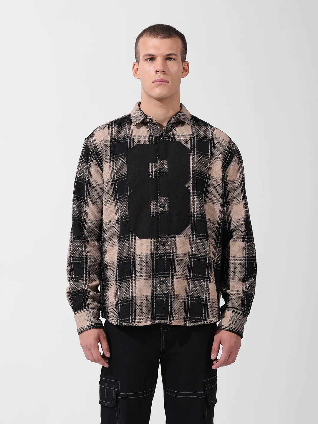 Men's Black Relaxed Fit Checkered Embroidered Shirt - Image 7