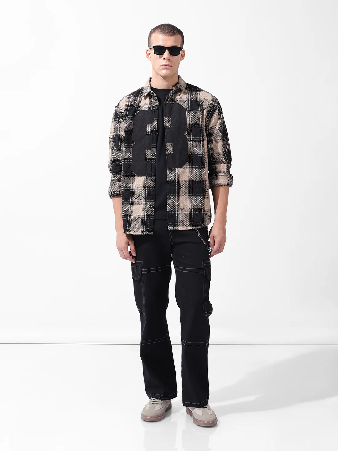 Men's Black Relaxed Fit Checkered Embroidered Shirt - Image 8