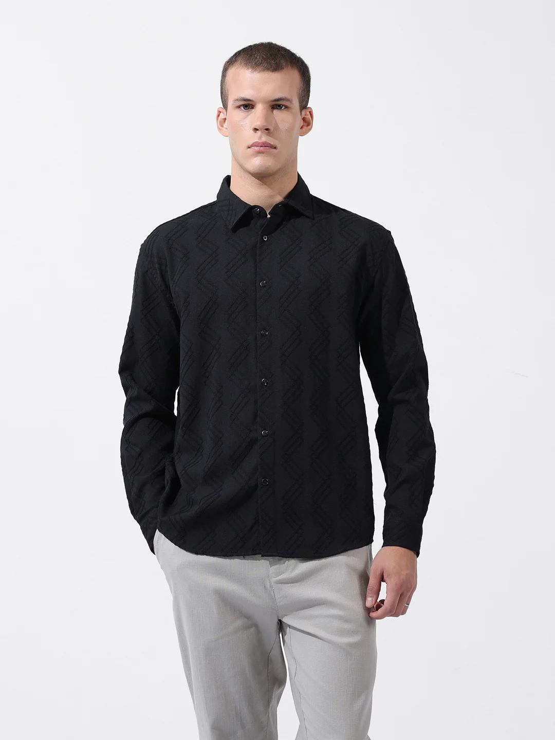Men's Black Relaxed Fit Solid Resort Wear Shirt - Image 7