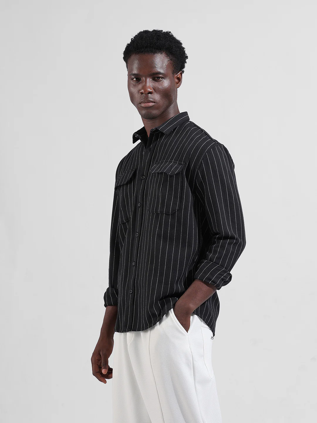 Men's Black Relaxed Fit Striped Casual Shirt - Image 3