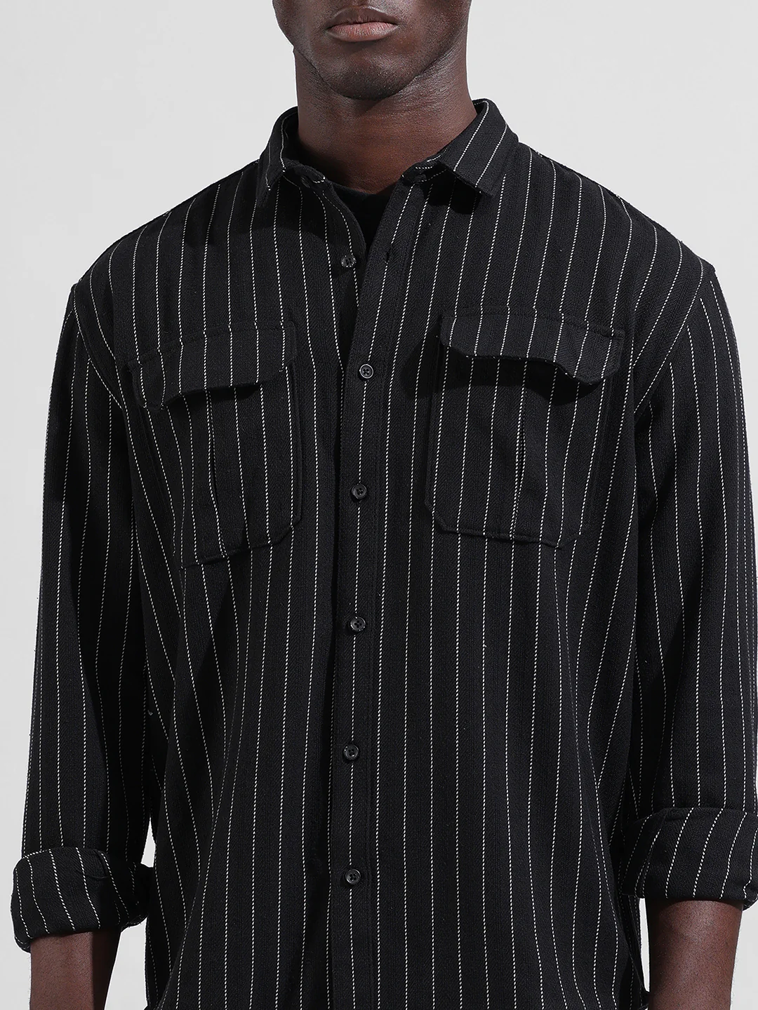 Men's Black Relaxed Fit Striped Casual Shirt - Image 5