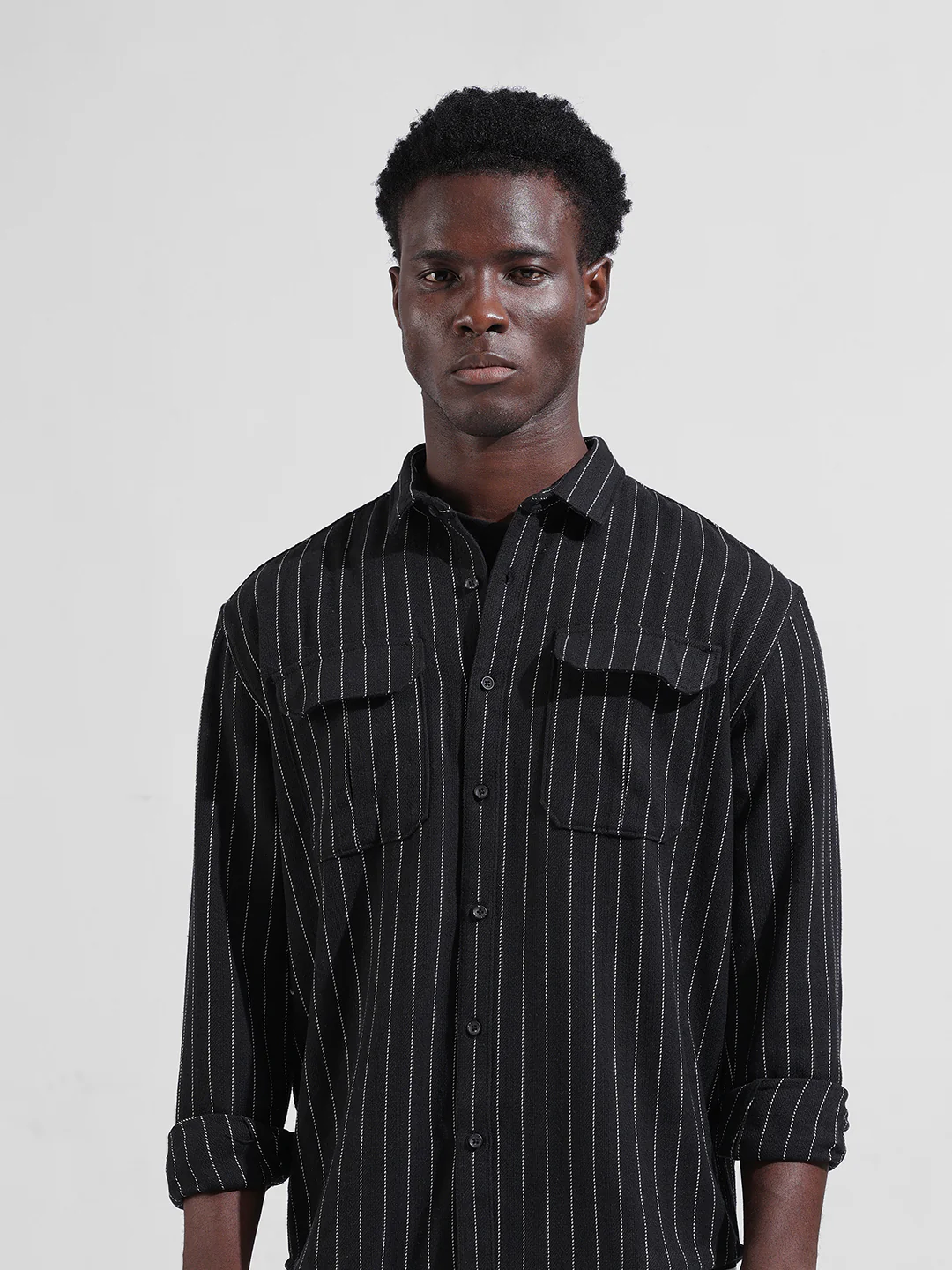 Men's Black Relaxed Fit Striped Casual Shirt - Image 6