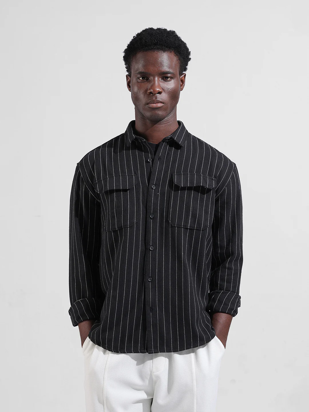 Men's Black Relaxed Fit Striped Casual Shirt - Image 7