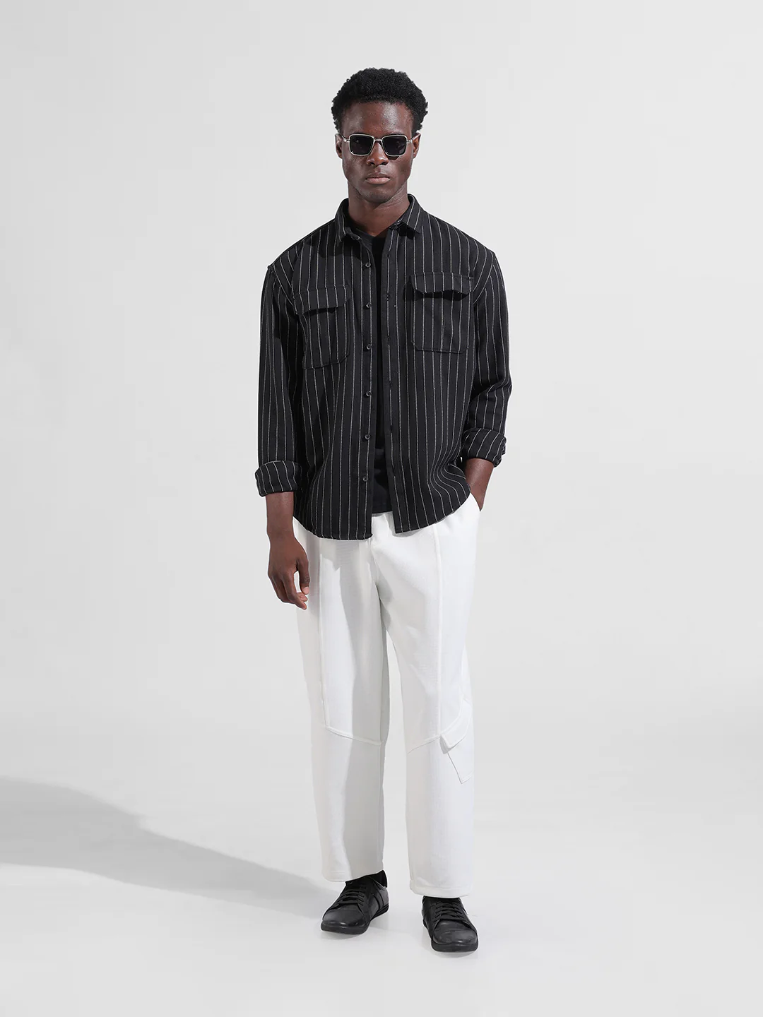 Men's Black Relaxed Fit Striped Casual Shirt - Image 8