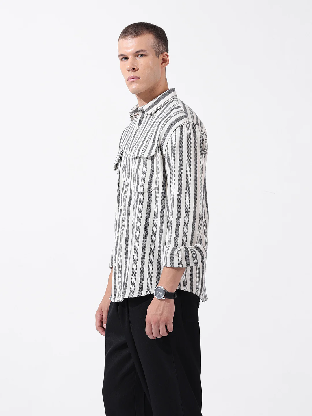 Men's Black Relaxed Fit Striped Casual Shirt - Image 2