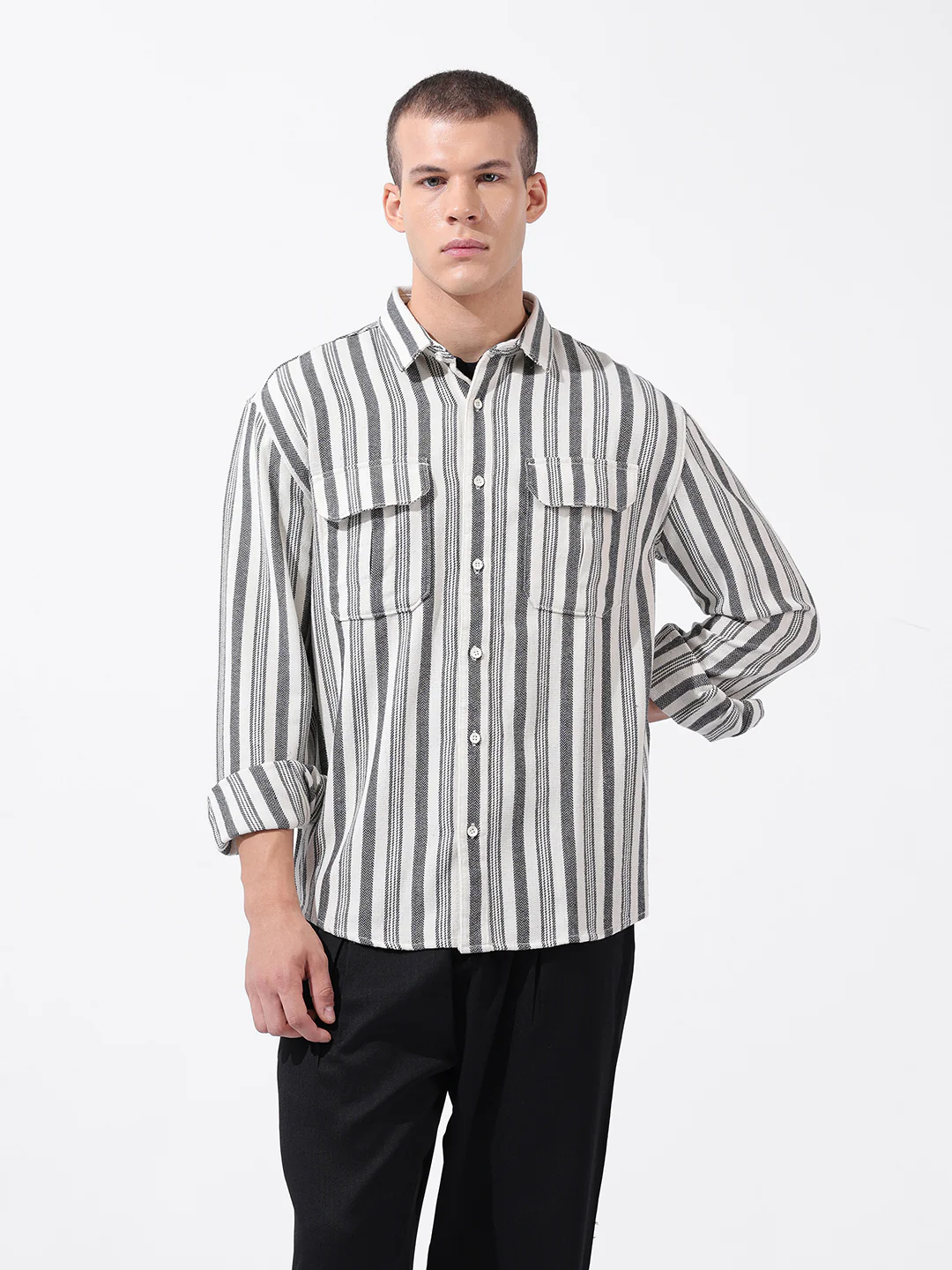 Men's Black Relaxed Fit Striped Casual Shirt - Image 3