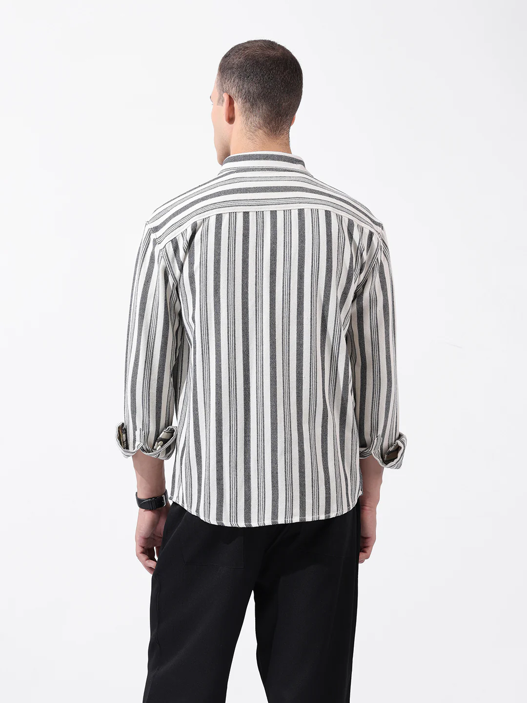 Men's Black Relaxed Fit Striped Casual Shirt - Image 4