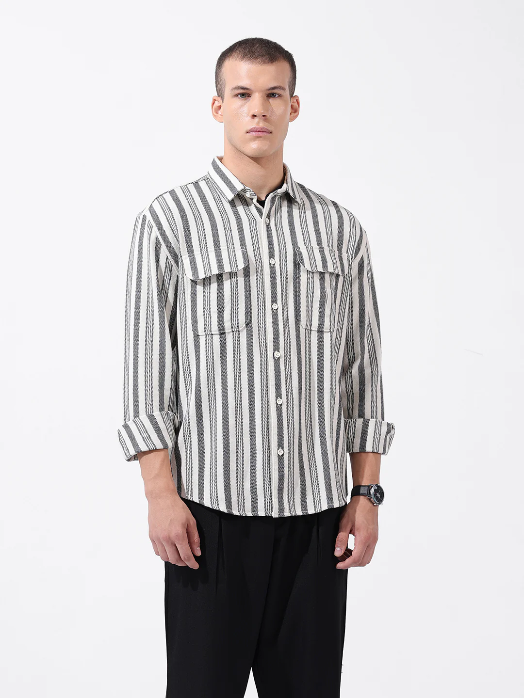 Men's Black Relaxed Fit Striped Casual Shirt - Image 7