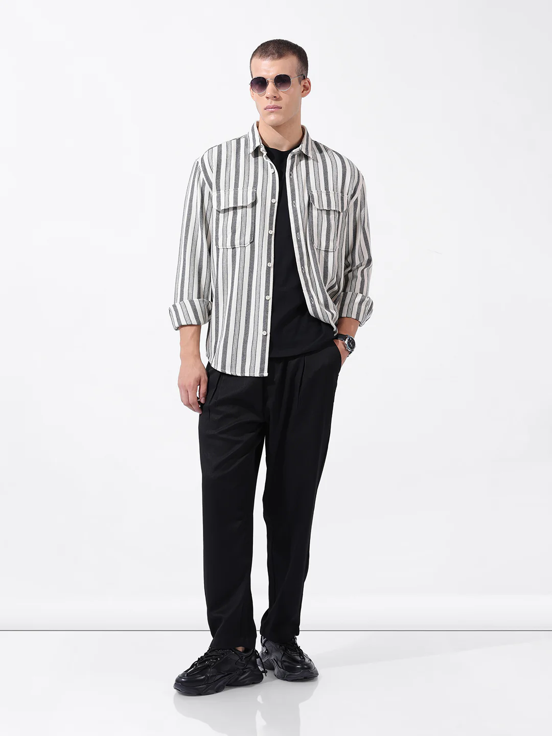 Men's Black Relaxed Fit Striped Casual Shirt - Image 8