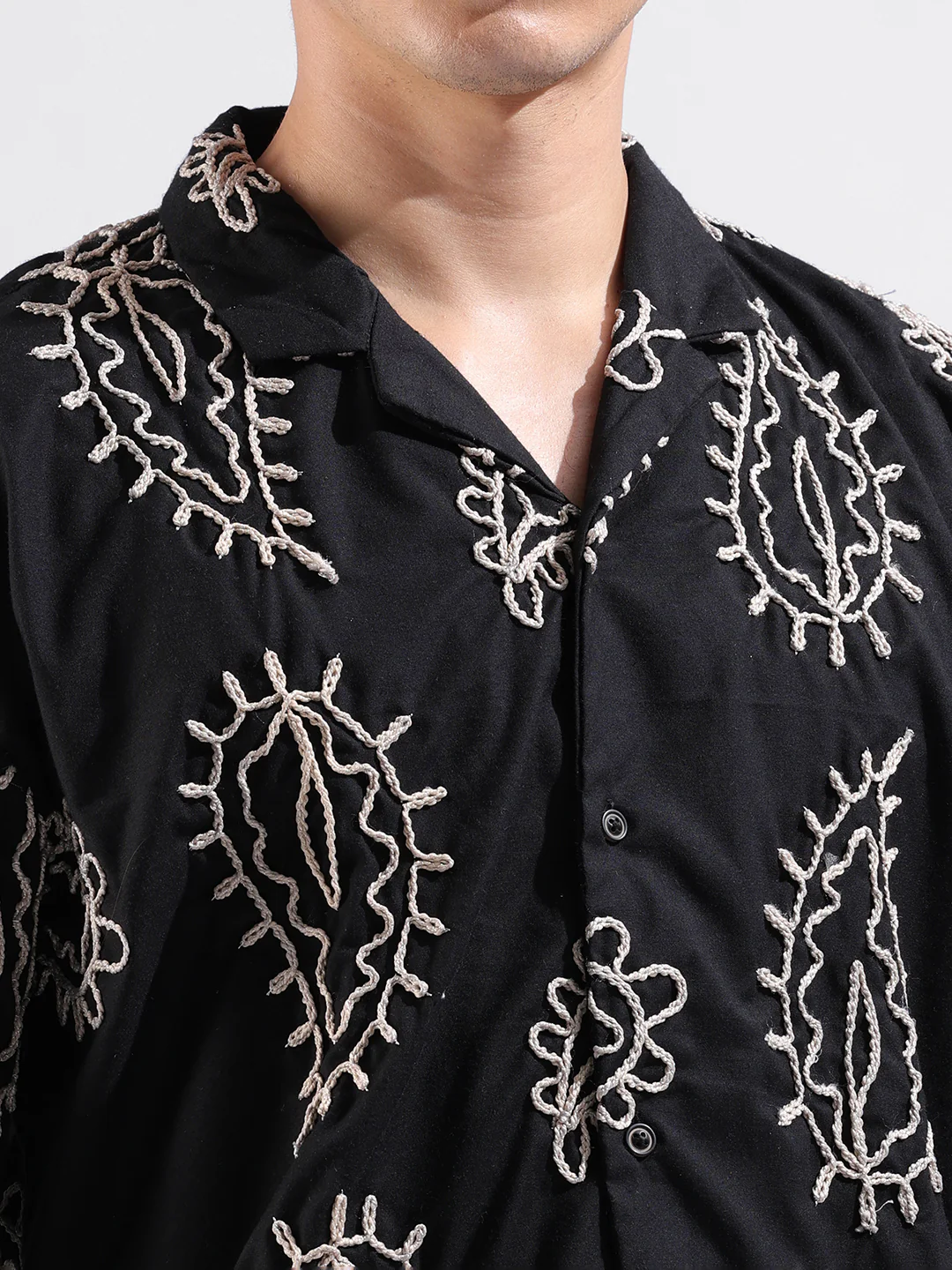 Men's Black Relaxed Fit Textured Embroidered Shirt - Image 5