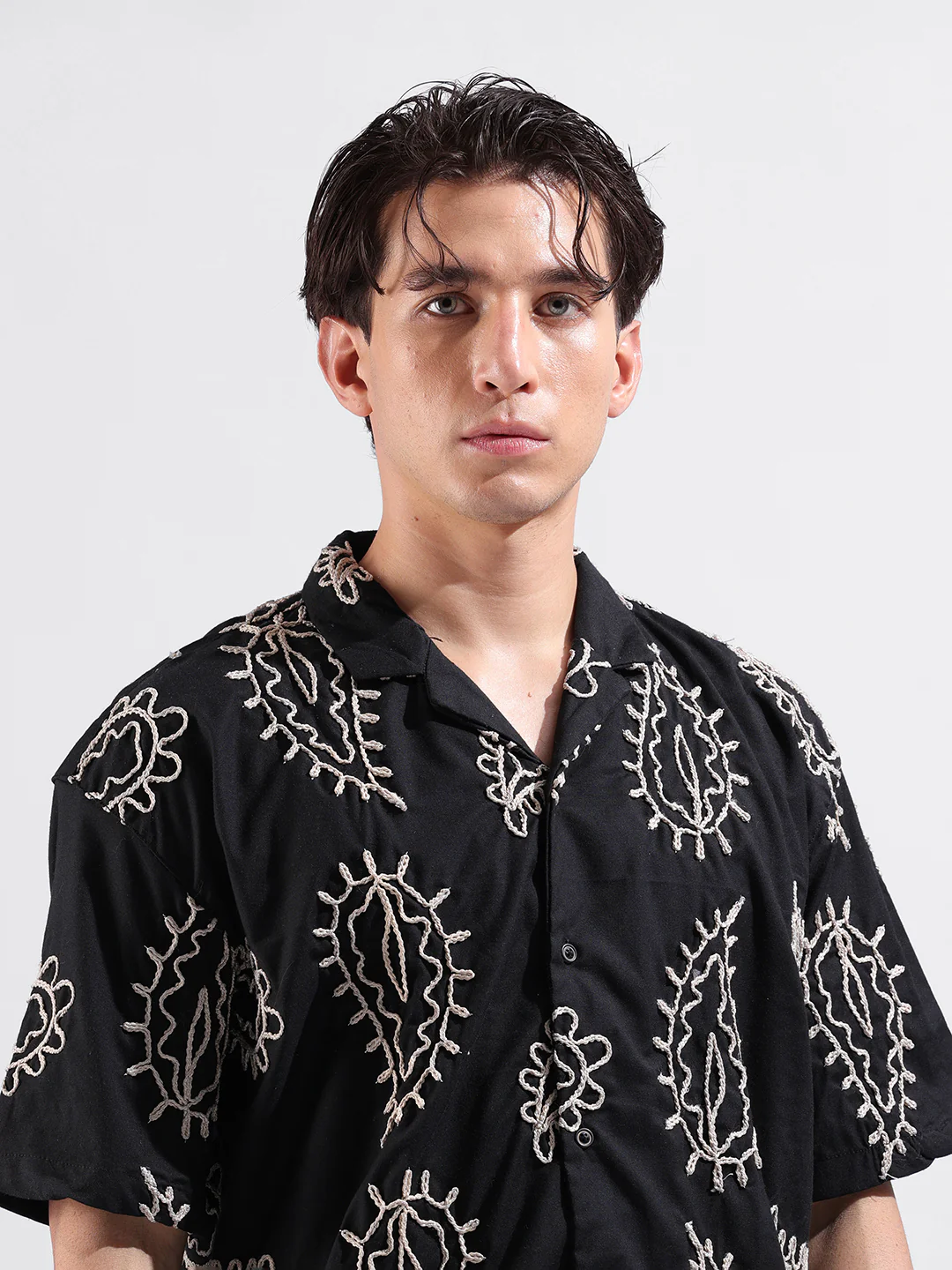 Men's Black Relaxed Fit Textured Embroidered Shirt - Image 6