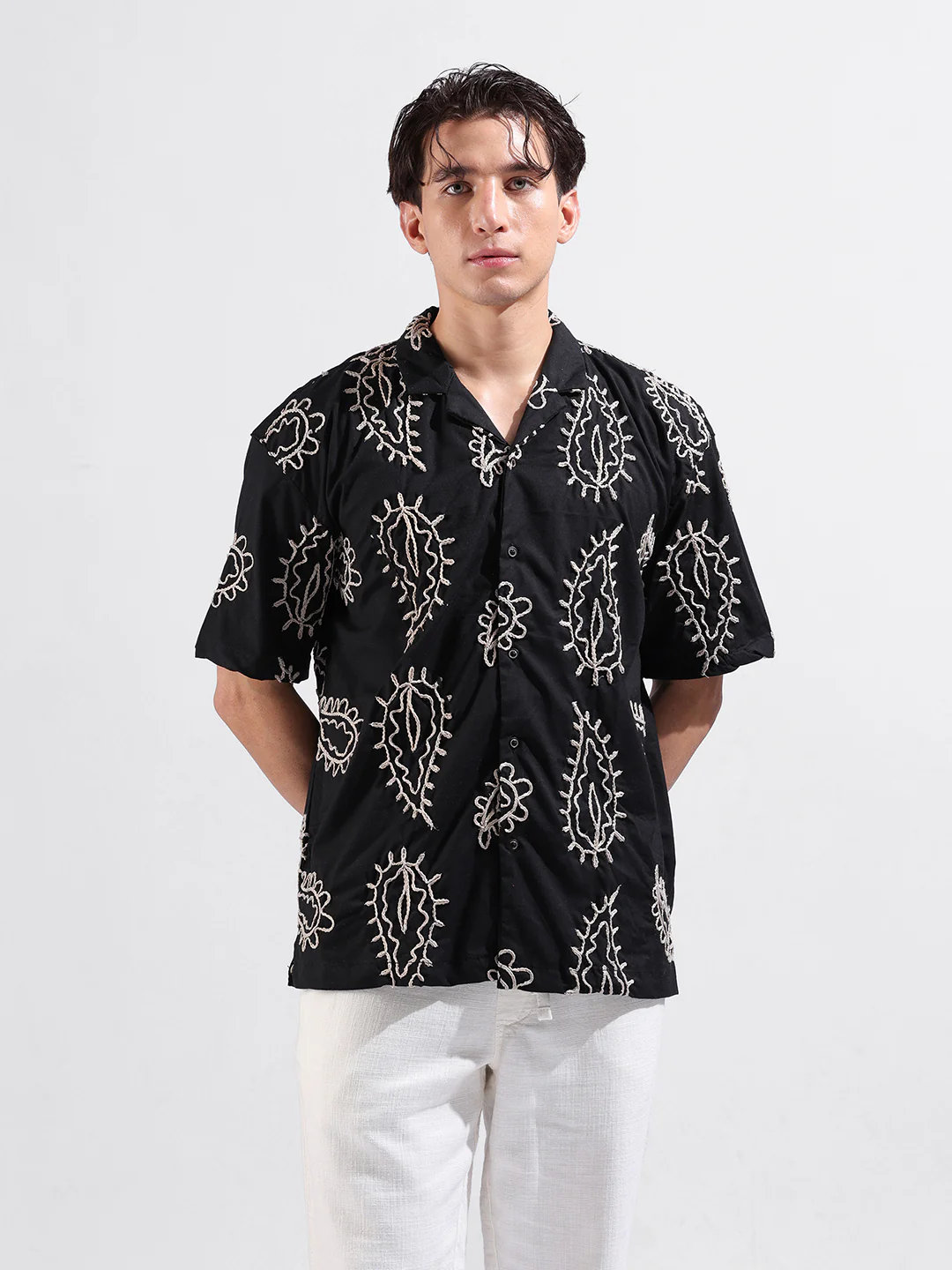 Men's Black Relaxed Fit Textured Embroidered Shirt - Image 7