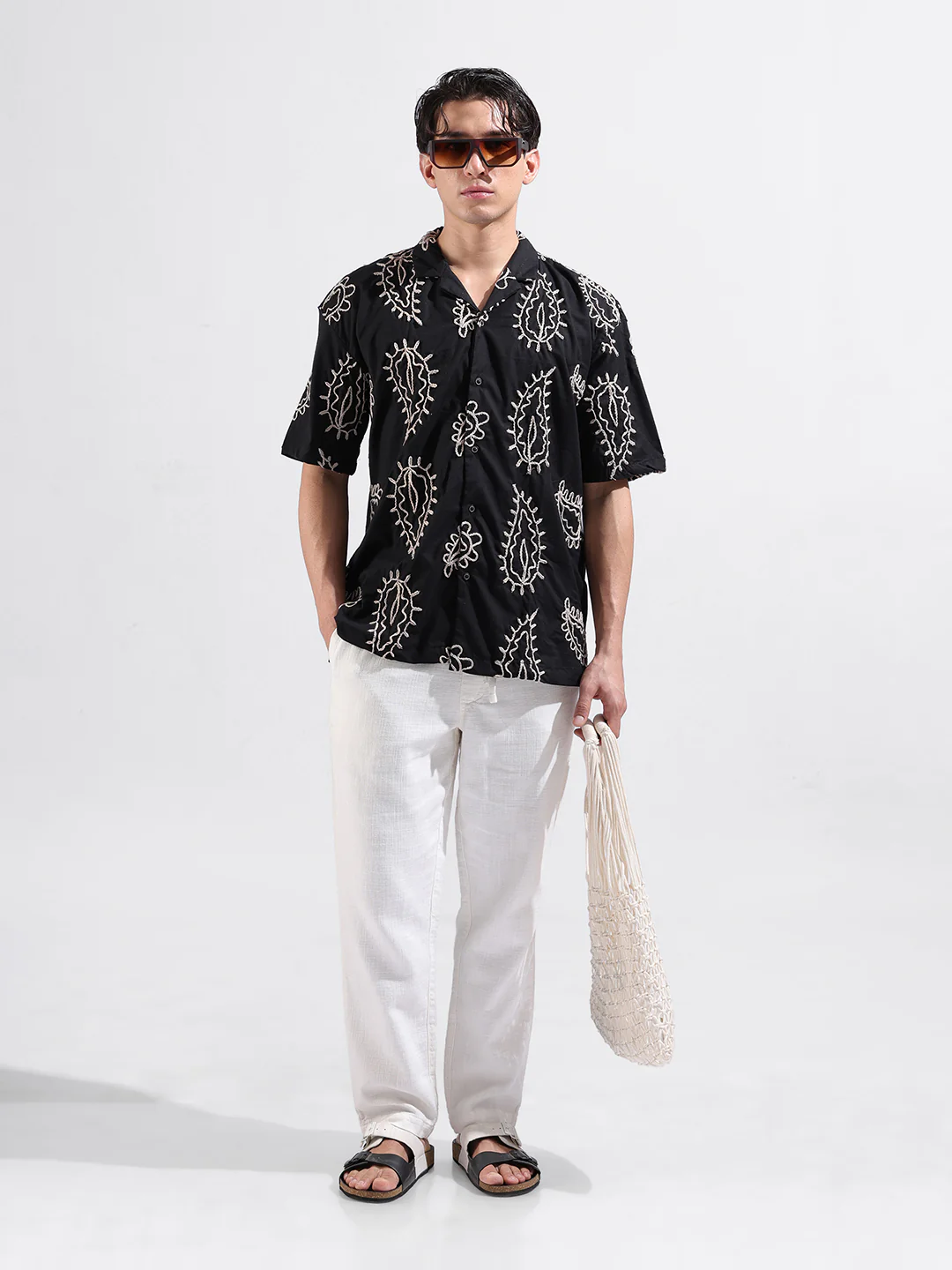 Men's Black Relaxed Fit Textured Embroidered Shirt - Image 8