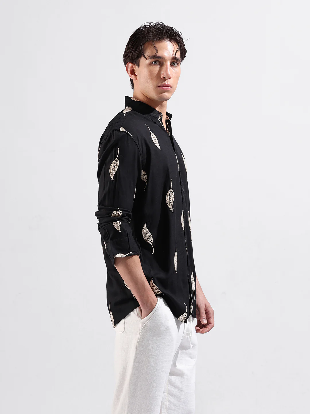 Men's Black Relaxed Fit Textured Embroidered Shirt - Image 2