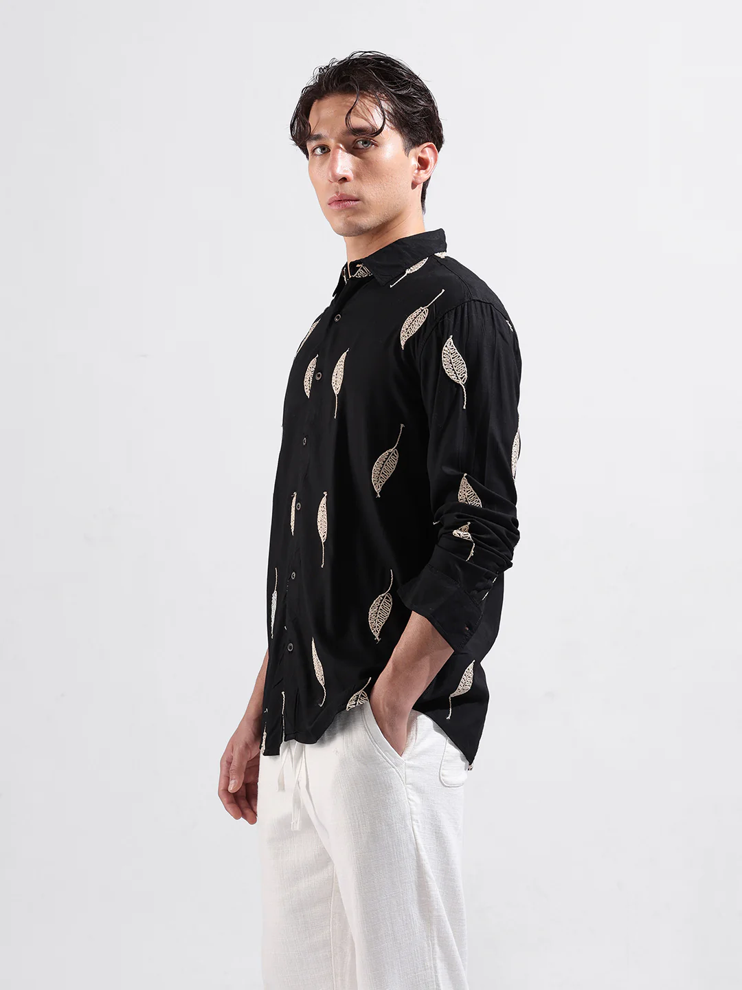 Men's Black Relaxed Fit Textured Embroidered Shirt - Image 3