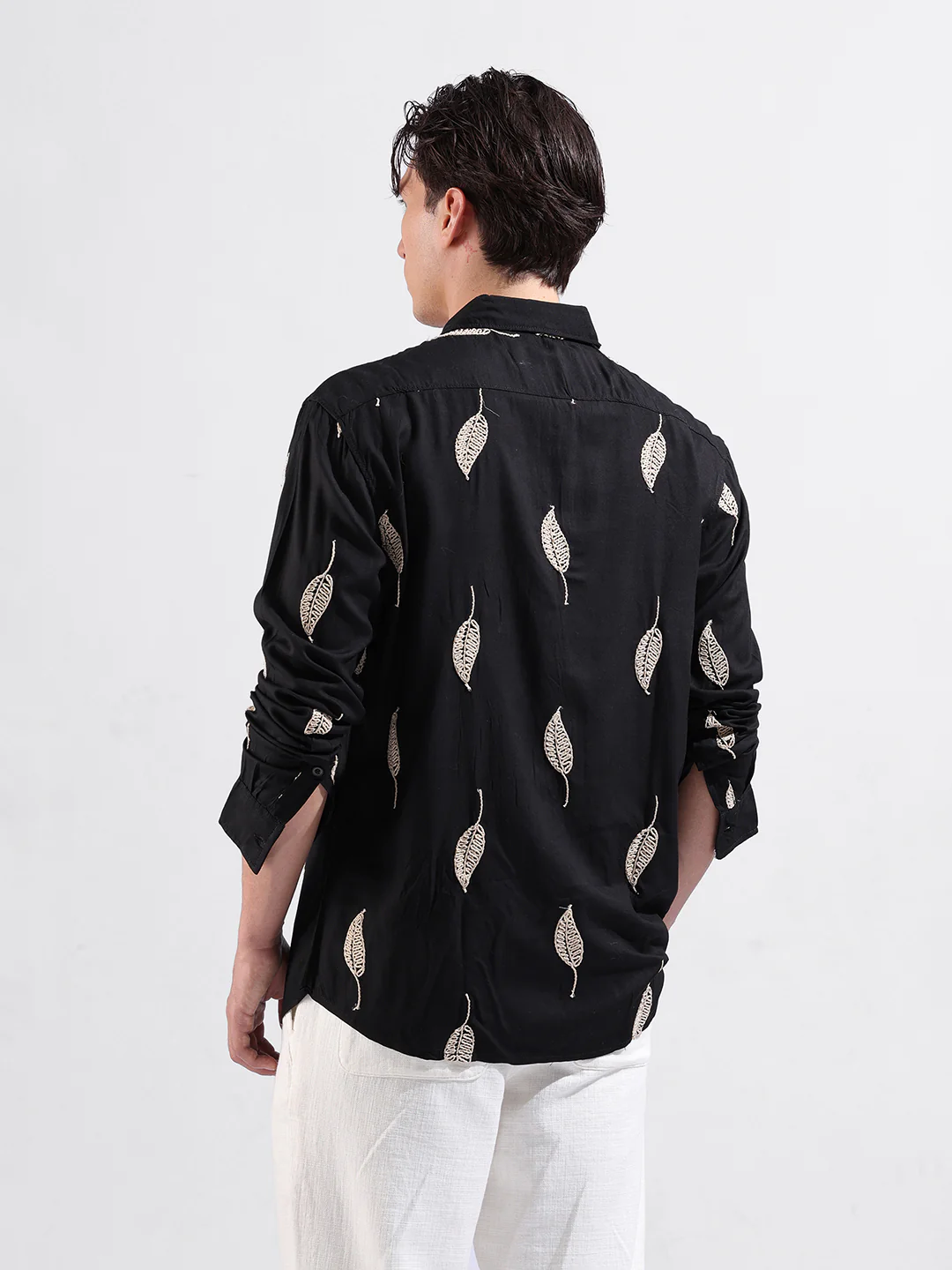 Men's Black Relaxed Fit Textured Embroidered Shirt - Image 4