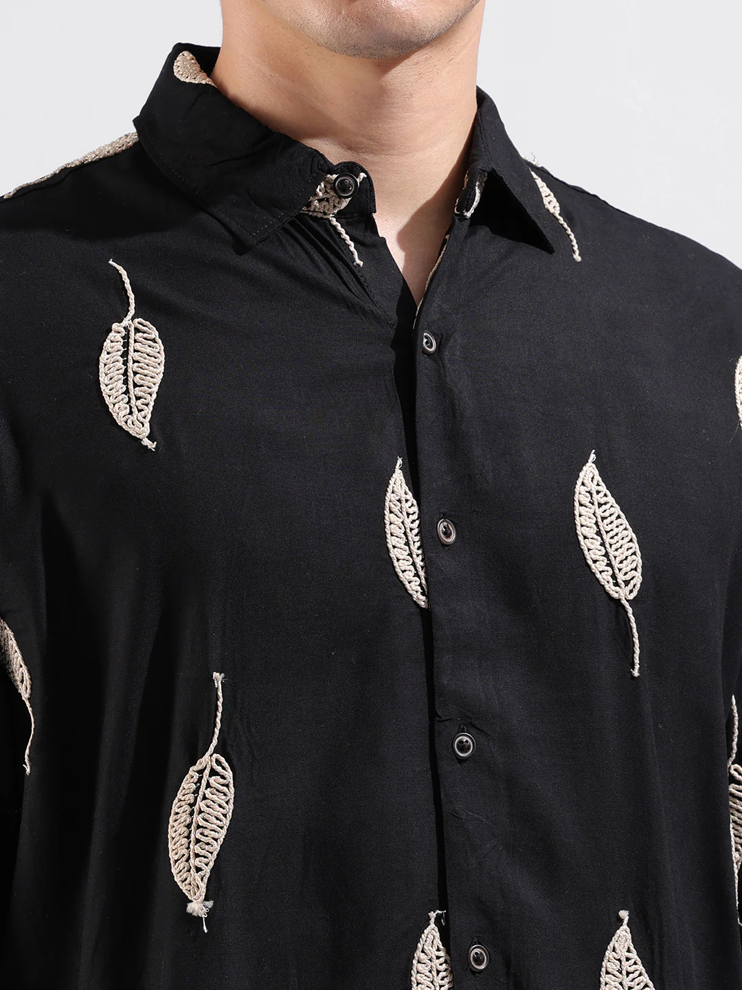 Men's Black Relaxed Fit Textured Embroidered Shirt - Image 5