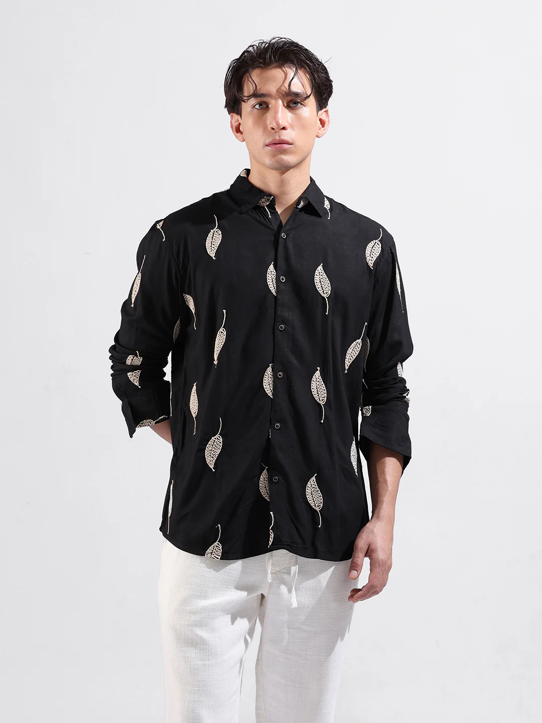 Men's Black Relaxed Fit Textured Embroidered Shirt - Image 6