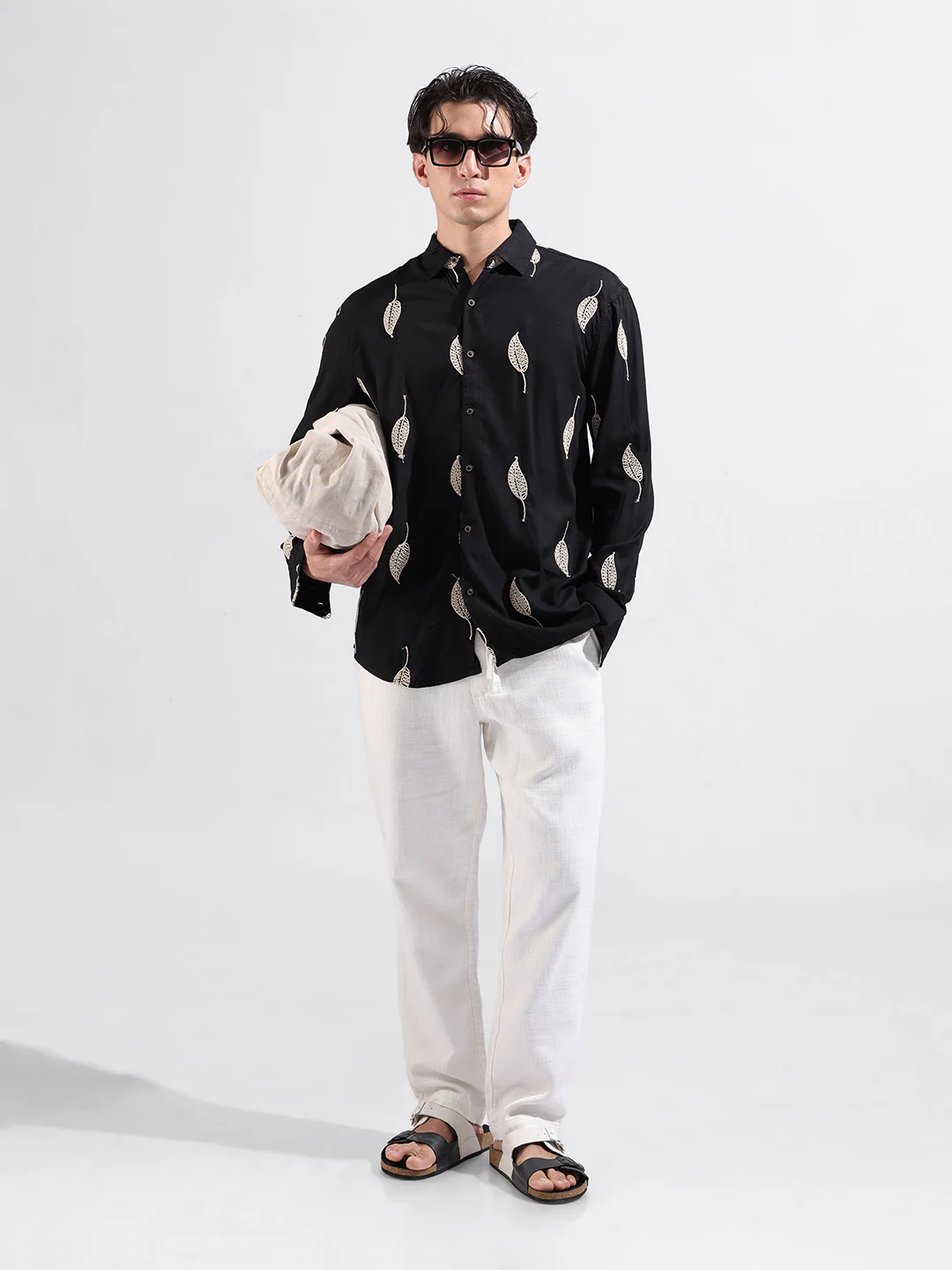 Men's Black Relaxed Fit Textured Embroidered Shirt - Image 7