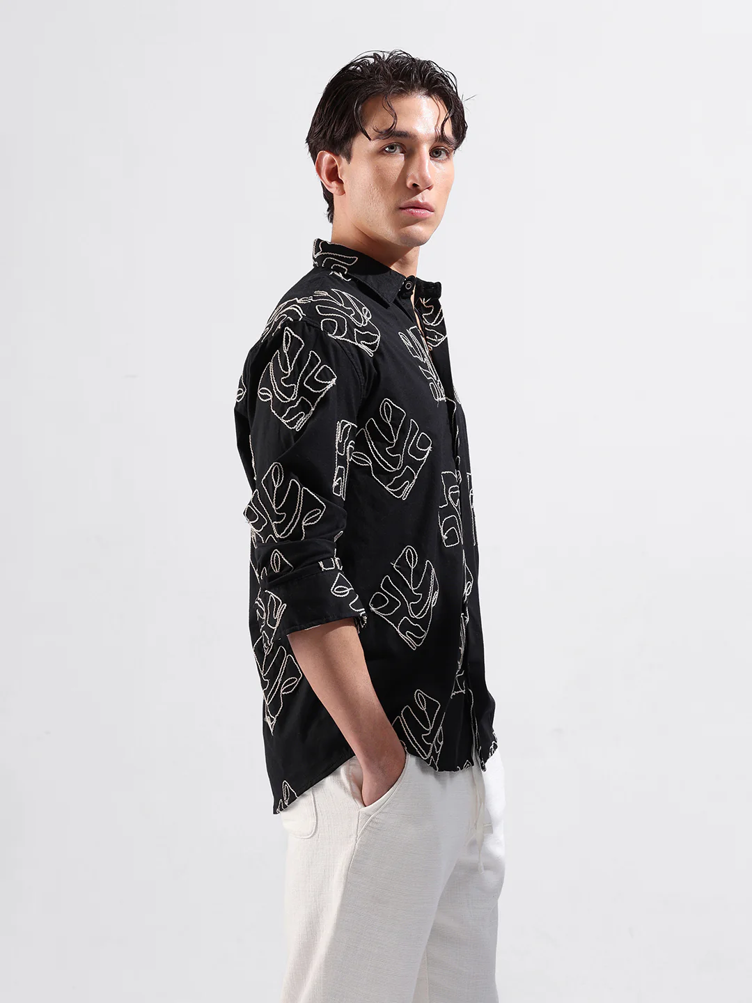 Men's Black Relaxed Fit Textured Embroidered Shirt - Image 2