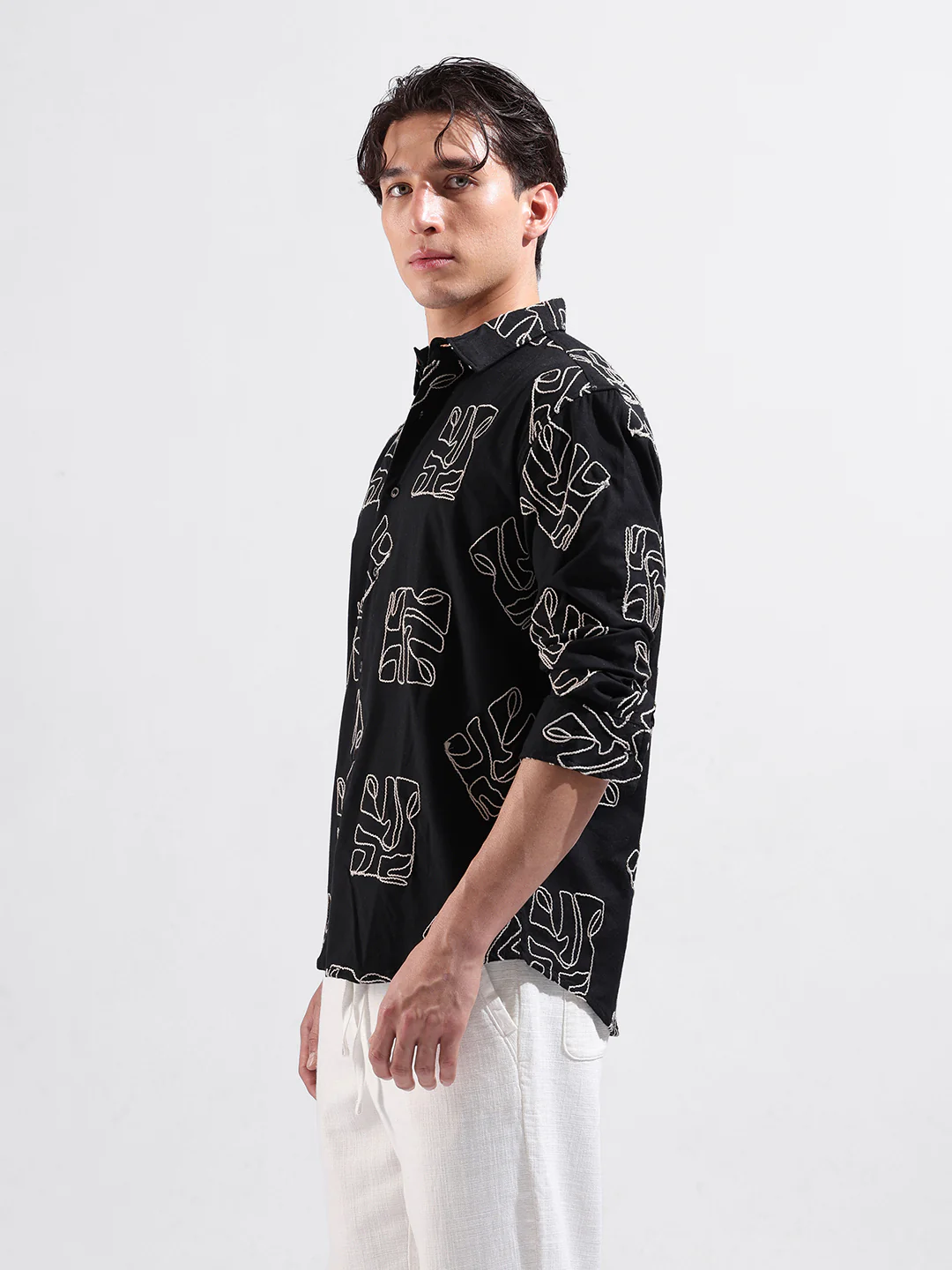 Men's Black Relaxed Fit Textured Embroidered Shirt - Image 3