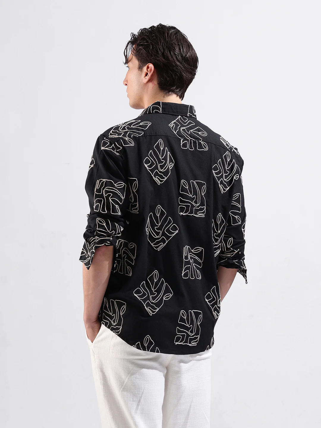 Men's Black Relaxed Fit Textured Embroidered Shirt - Image 4