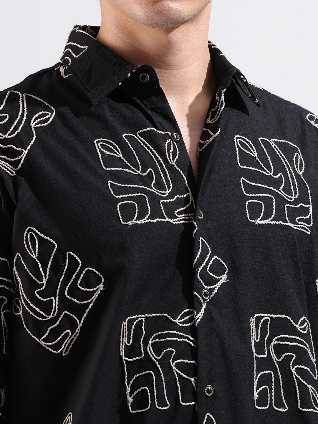 Men's Black Relaxed Fit Textured Embroidered Shirt - Image 5