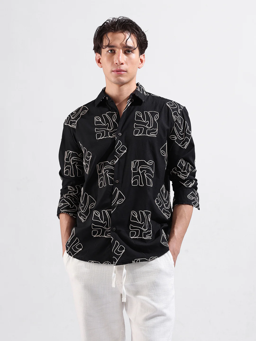 Men's Black Relaxed Fit Textured Embroidered Shirt - Image 6