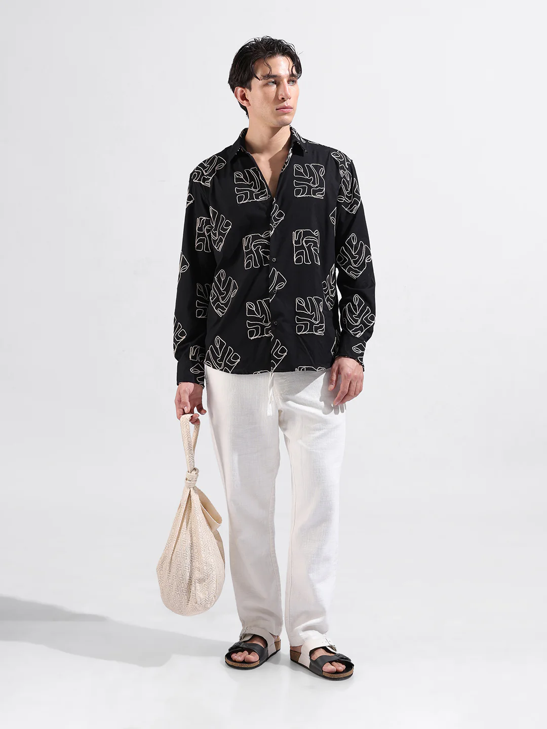 Men's Black Relaxed Fit Textured Embroidered Shirt - Image 7