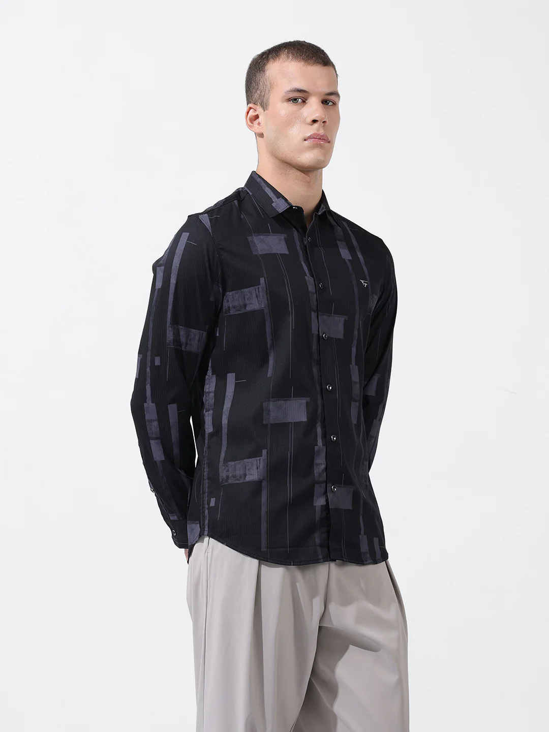 Men's Black Slim Fit Printed Party Wear Shirt - Image 2