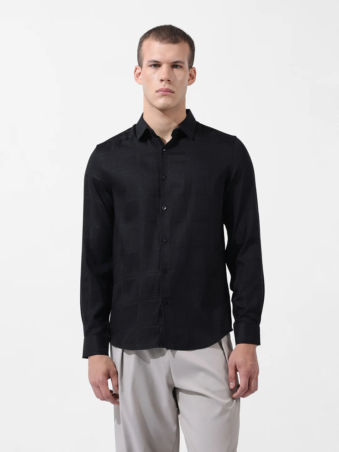 Men's Black Slim Fit Textured Party Wear Shirt - Image 7