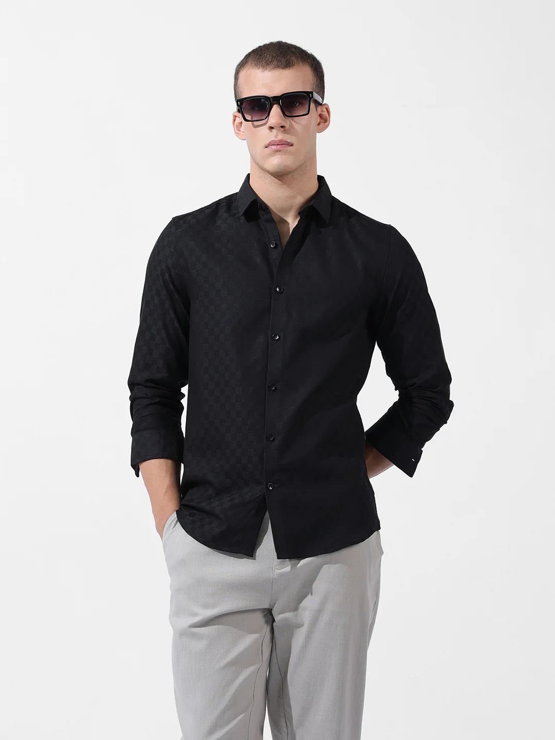Men's Black Slim Fit Textured Party Wear Shirt - Image 2