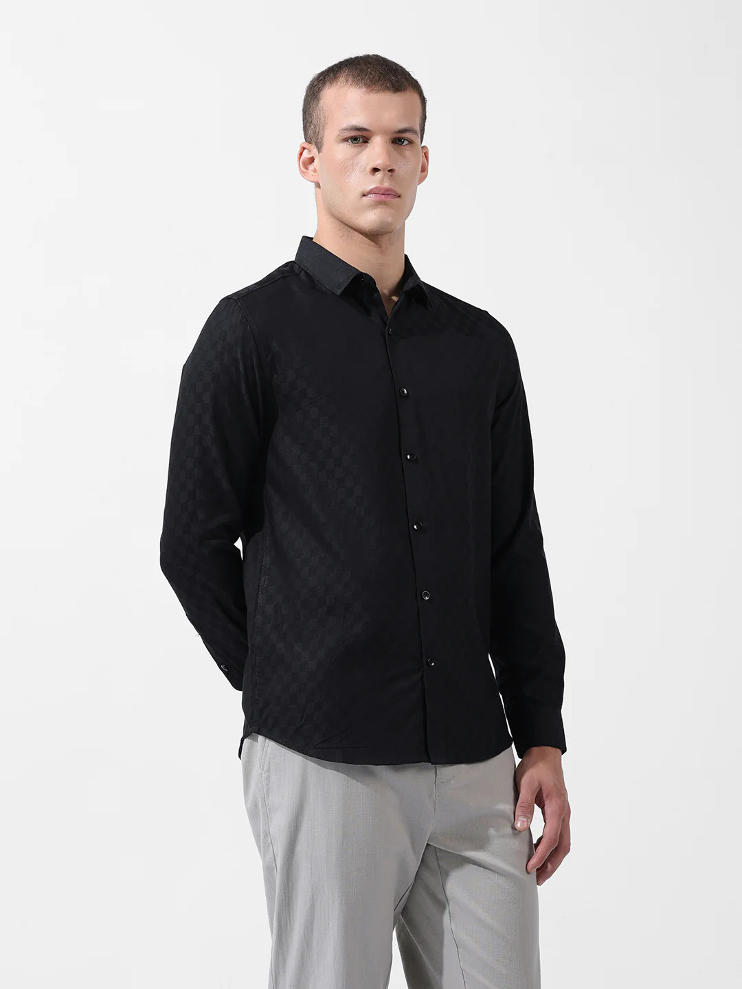 Men's Black Slim Fit Textured Party Wear Shirt - Image 5